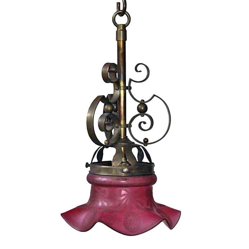 Edwardian Ceiling Pendant with Fluted Cranberry Glass Shade
