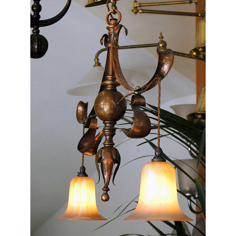 Art Nouveau Copper Pendant Fitted with Iridescent Glass Shades