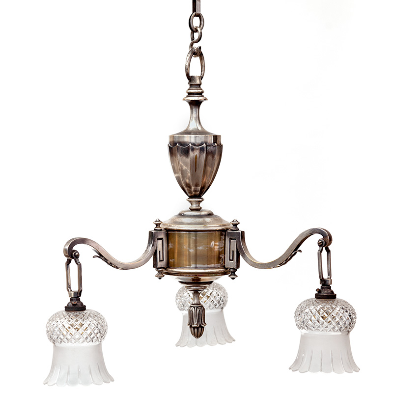 Edwardian Pendant Light with Three Scrolling Arms and Thistle Shaped Glass Shades