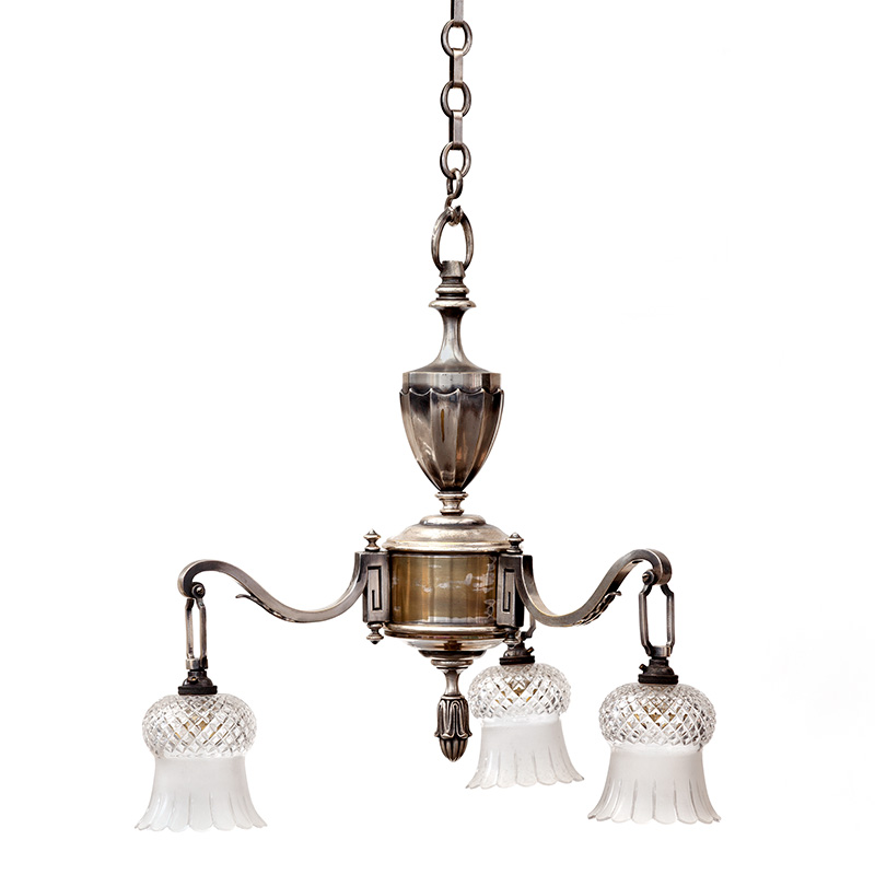 Edwardian Pendant Light with Three Scrolling Arms and Thistle Shaped Glass Shades