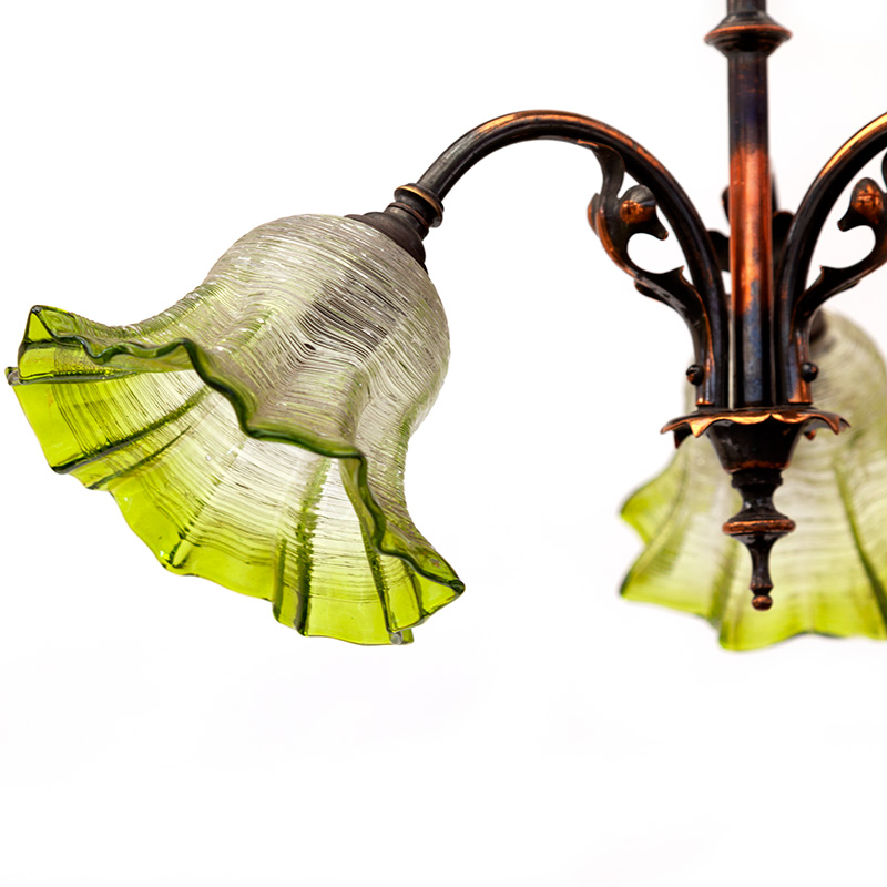 Art Nouveau Three Light Chandelier of Organic Form with Clear and Green Glass Shades