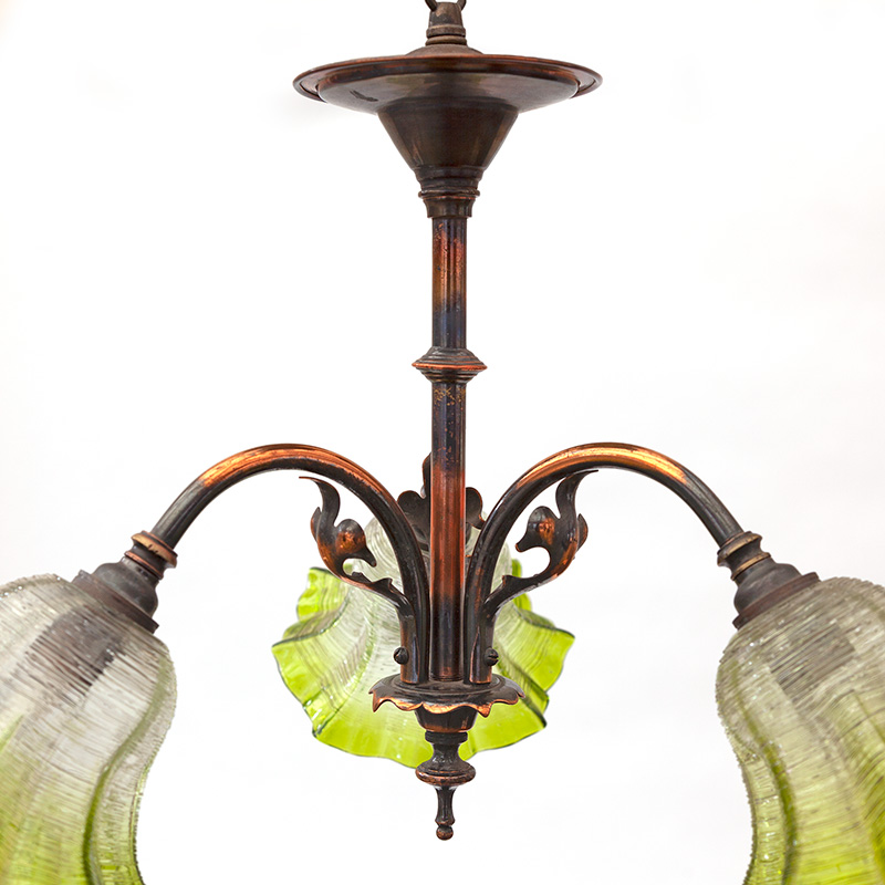 Art Nouveau Three Light Chandelier of Organic Form with Clear and Green Glass Shades