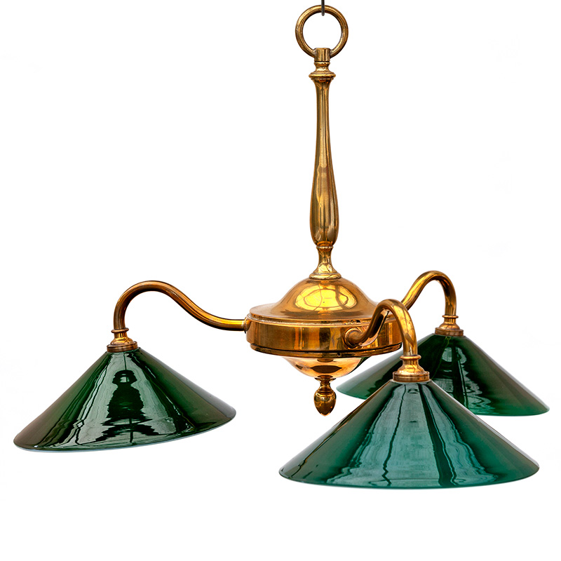 Art Deco three light inverted chandelier in brass fitted with green and opal lined coolie glass shades. (c.1925).