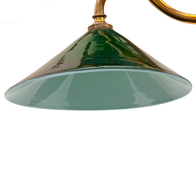 Art Deco Three Light Brass Chandelier with Green and Opal Lined Glass Shades