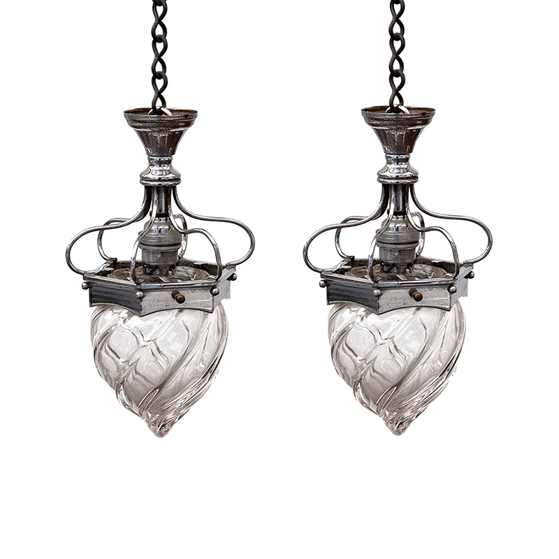 Pair of antique Art Nouveau ceiling pendant lights in chrome fitted with a clear glass shade. (c.1905).