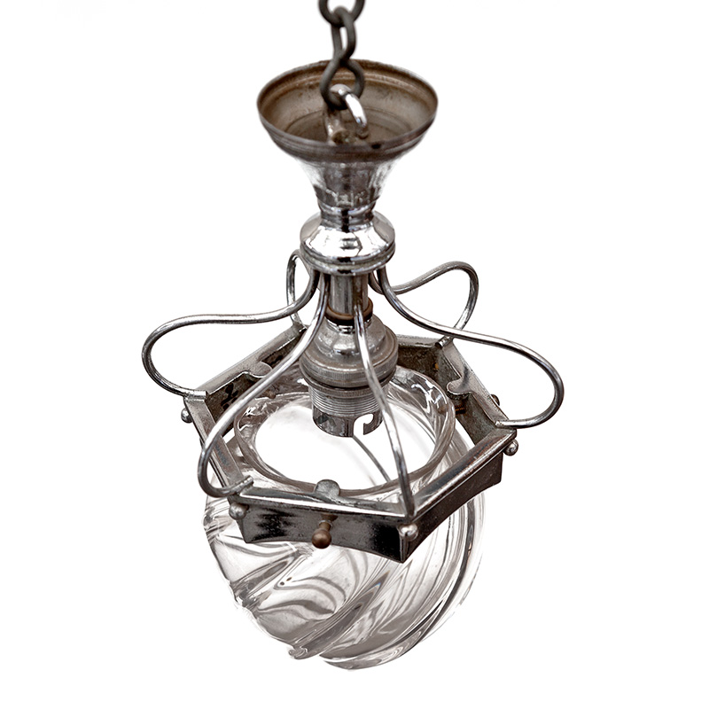 Pair of Art Nouveau Chrome Ceiling Pendant Lights with Glass Shades