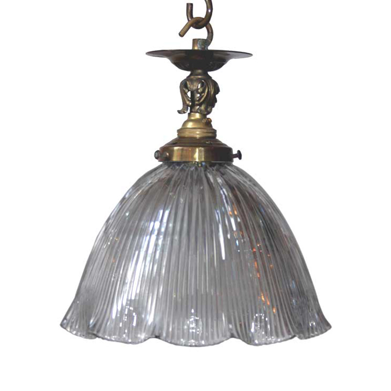 Edwardian Brass Mounted Ceiling Pendant with a Prismatic Fluted Glass Shade