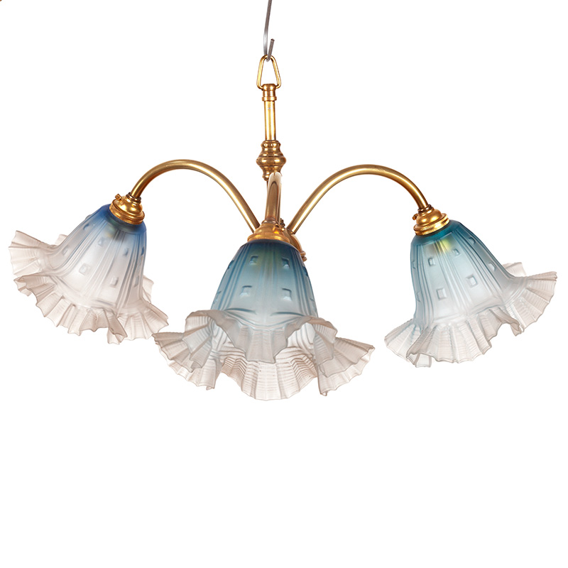 Late Edwardian three light ceiling pendant light fitted with graded blue fluted and frosted glass shades (c.1915).