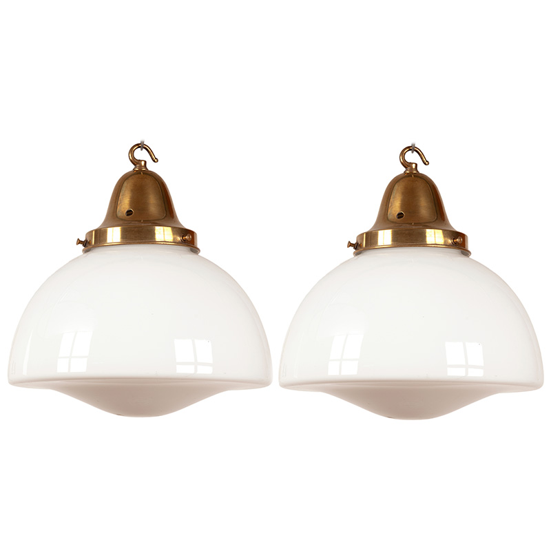 Pair of Art Deco Ceiling Pendant Lights with Brass Galleries and Opaline Glass Covers (c.1930)