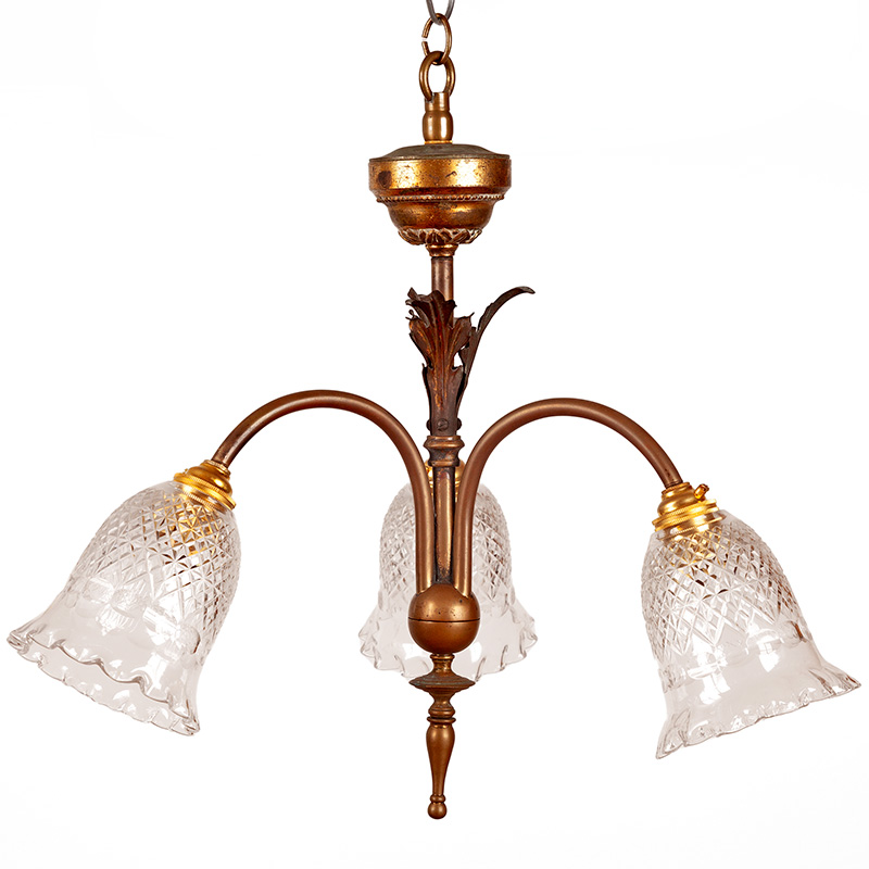Decorative Edwardian Guilded and Patinated Brass Three Light Ceiling Pendant Light (c.1900)