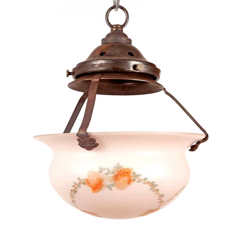 Art Deco ceiling pendant fitted with triple patinated suspensions and gallery supporting a pink hemispherical shade decorated with hand painted roses (c.1925).
