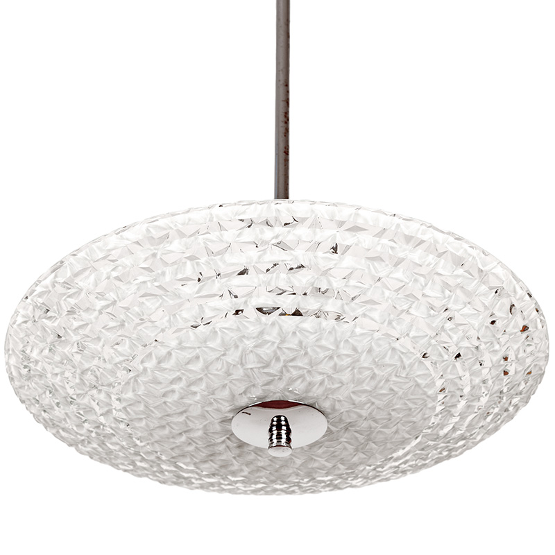 Vintage ceiling pendant on a central chrome stem with flared textured glass shade decorated with frosted and clear concentric circles (c.1950)