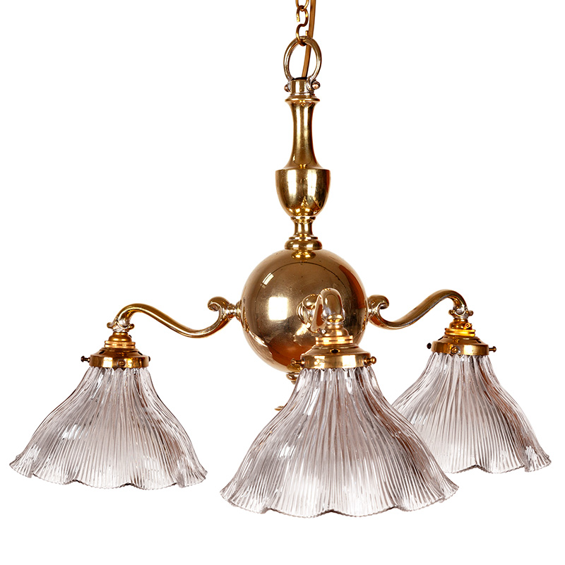 Art Deco cast brass three light ceiling pendant light fitted with three brass galleries supporting fluted prismatic glass shades (c.1920).