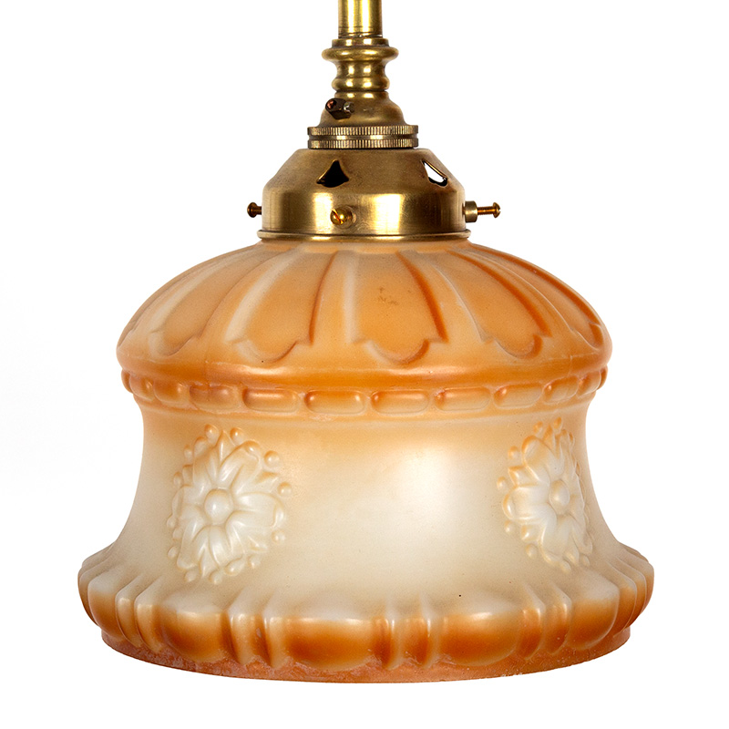 Edwardian Brass Ceiling Pendant in the Form of S Shaped Mounts with Orange Glass Shade