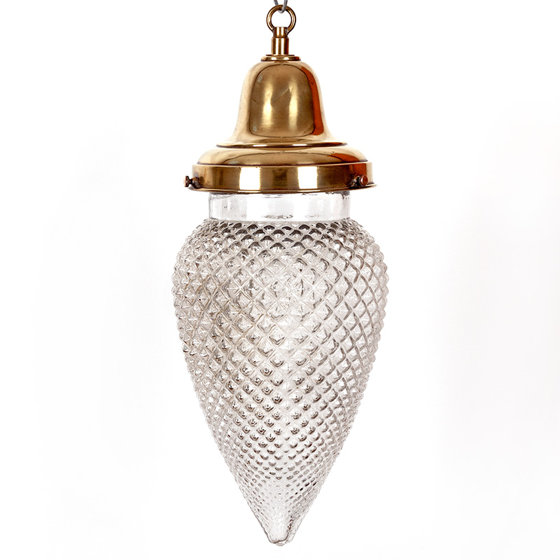 Antique Art deco ceiling pendant light with a brass gallery and hobnail cone shaped enclosed glass shade. (c.1920).