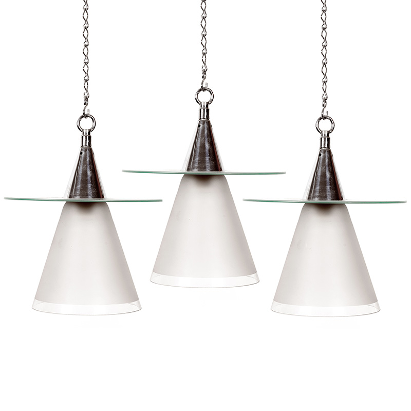 Three Art Deco cone shaped ceiling pendant lights in frosted glass (c.1925)