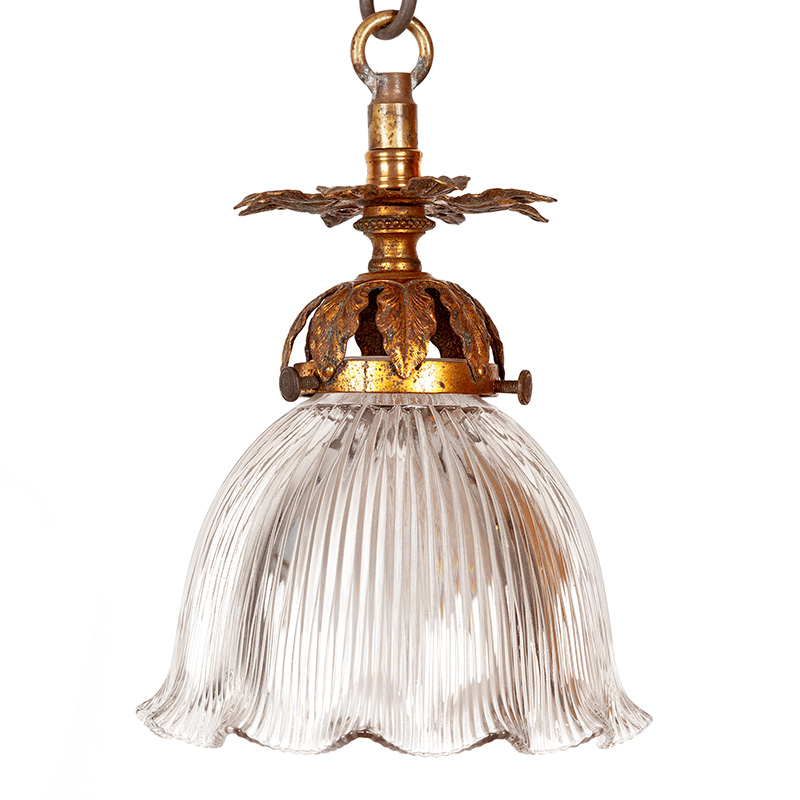 Pair of Edwardian Leaf Shaped Ceiling Pendant Lights in Brass with Holophane Glass Shades