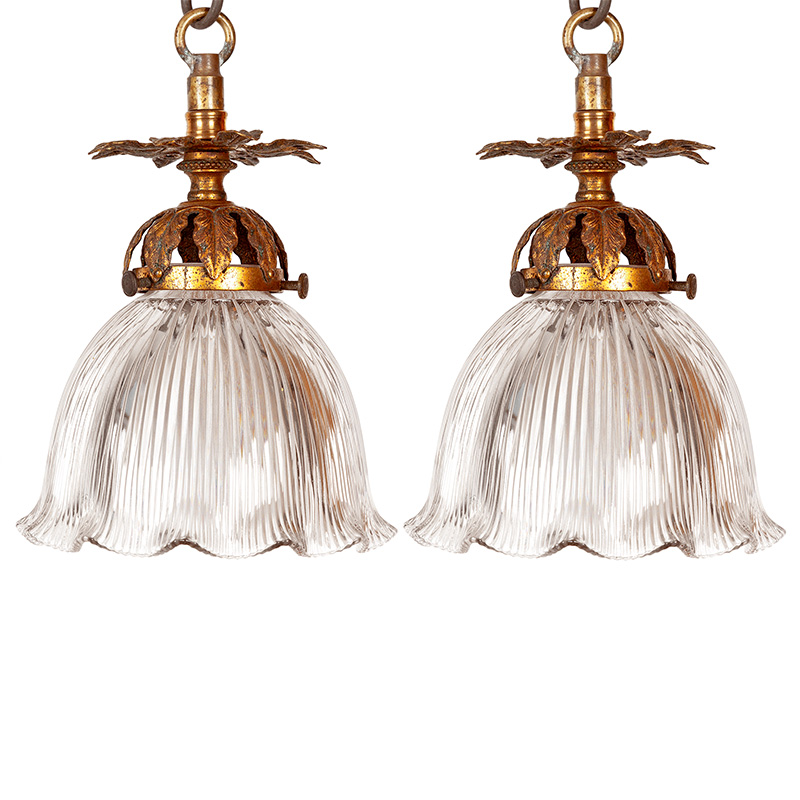 Pair of Edwardian Leaf Shaped Ceiling Pendant Lights in Brass with Holophane Glass Shades