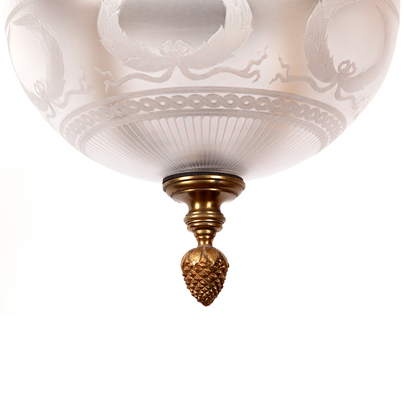 Edwardian Ceiling Pendant Light with Frosted Glass Supported by Brass Stylised Frame