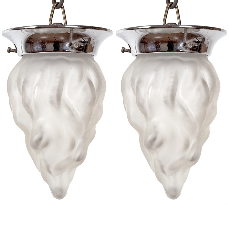 Pair of Art Deco Ceiling Pendants Lamps with Frosted Flambeau Shades