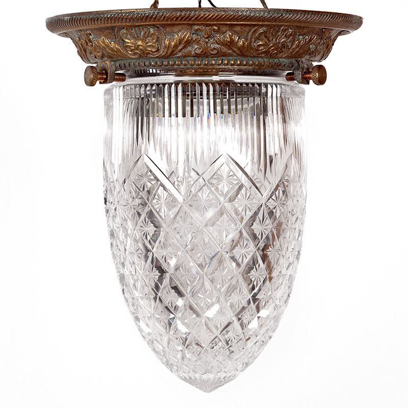 Antique Edwardian finely cast bijou flush ceiling pendant fitted with a dome-shaped hobnail cut crystal dome. (c.1910).