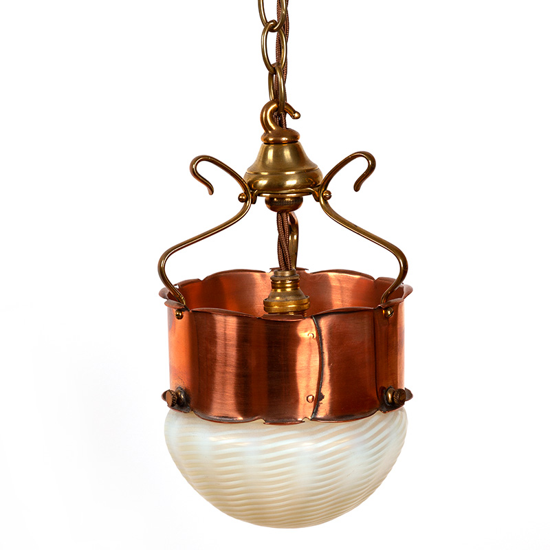 Pair of W.A S. Benson Ceiling Pendant Lights in Brass and Copper with Vaseline Glass Shades