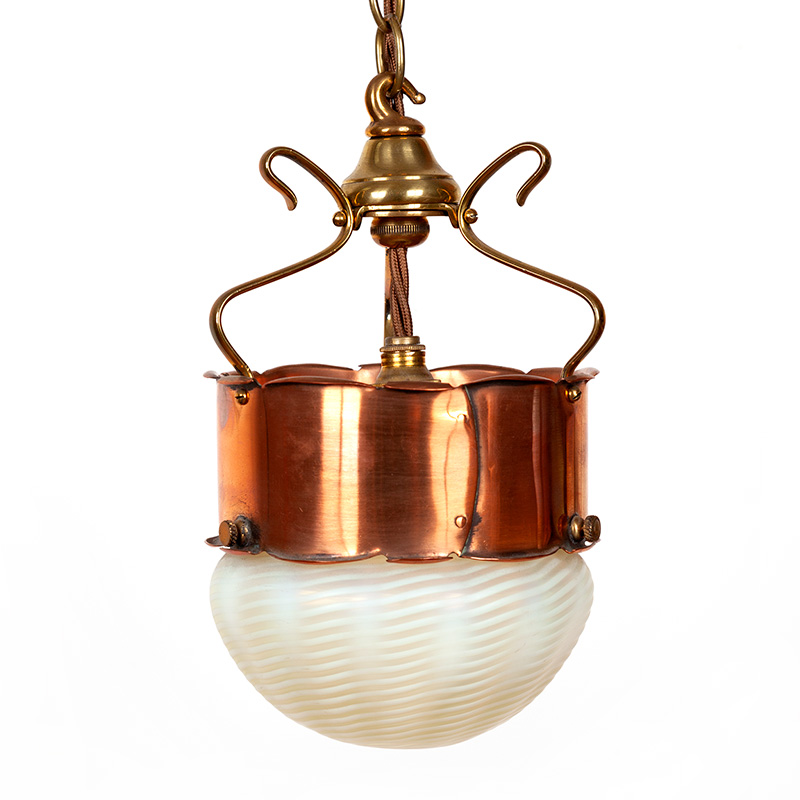 Pair of W.A S. Benson Ceiling Pendant Lights in Brass and Copper with Vaseline Glass Shades