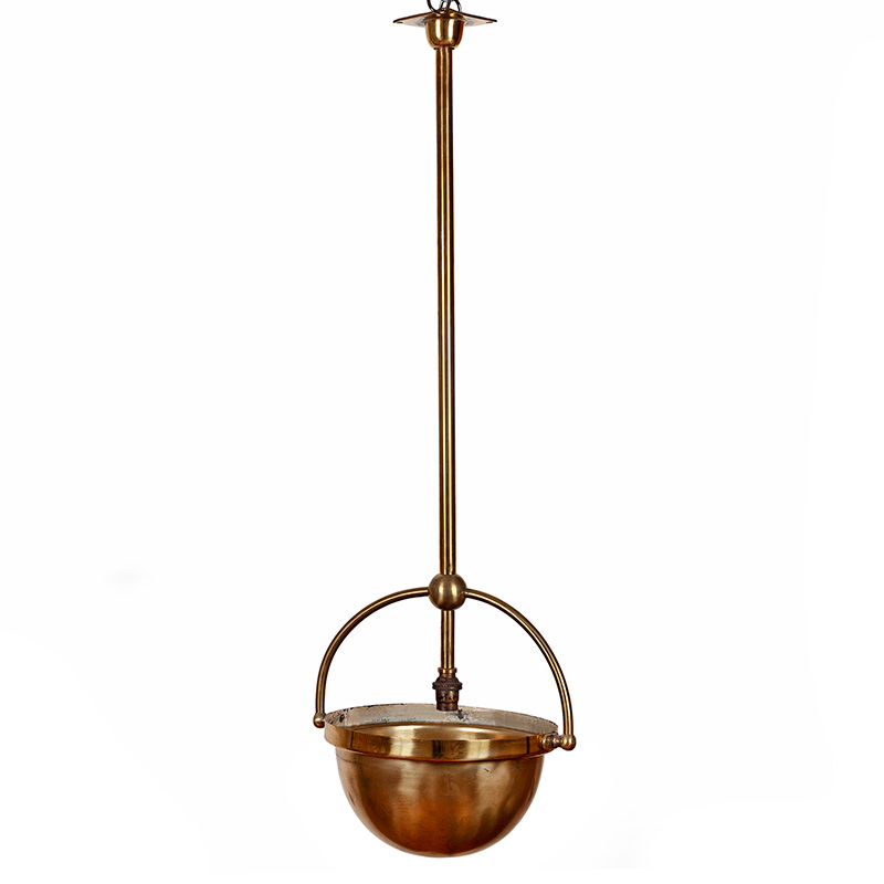 Art Deco uplighter in brass. The central suspension rod and hooped circular frame is fitted on a semi spherical brass dome (c.1925)