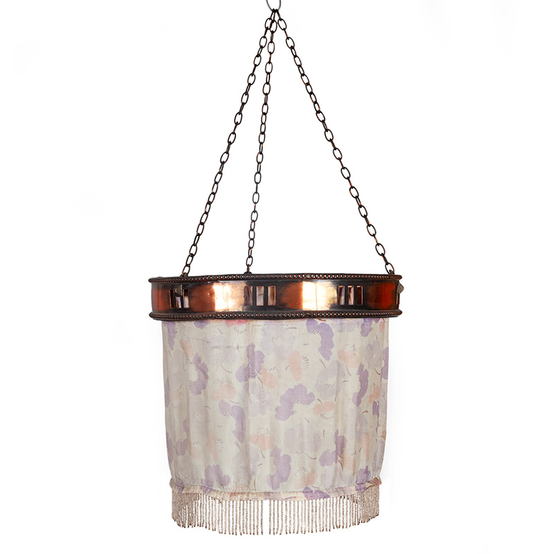 Circular Copper Oxidised Brass Frame Ring Ceiling Light with Silk Skirt (c.1930)