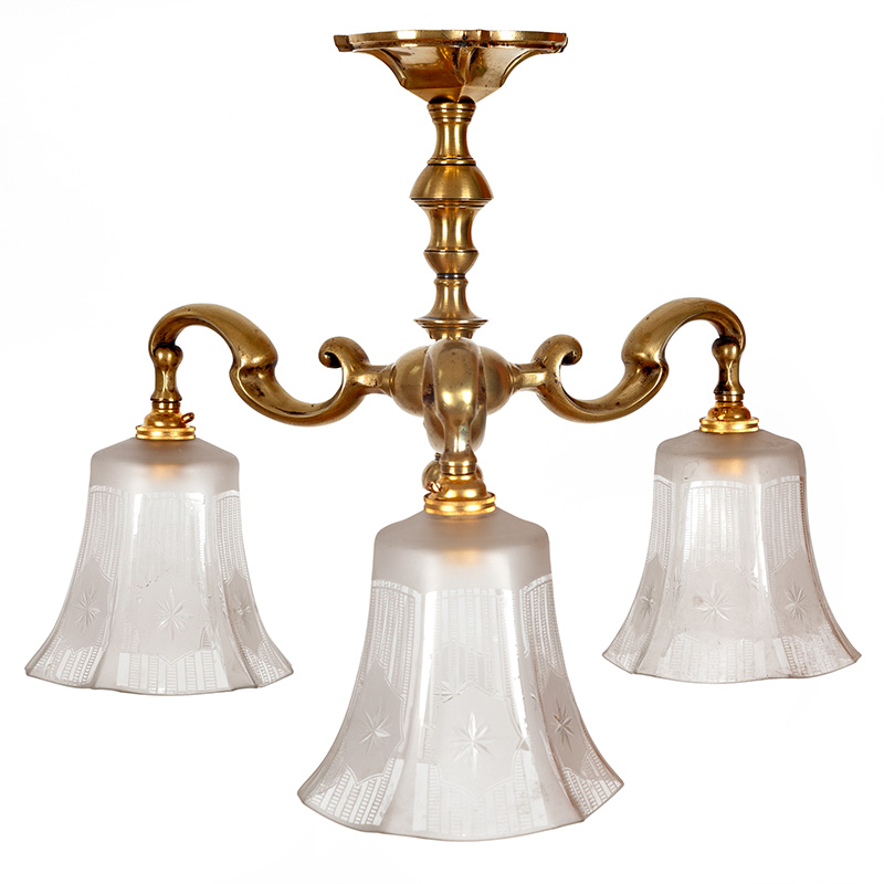 Edwardian Brass Three Light Ceiling Pendant Light with Hexagonal Cut Glass Shades