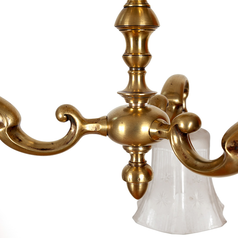 Edwardian Brass Three Light Ceiling Pendant Light with Hexagonal Cut Glass Shades
