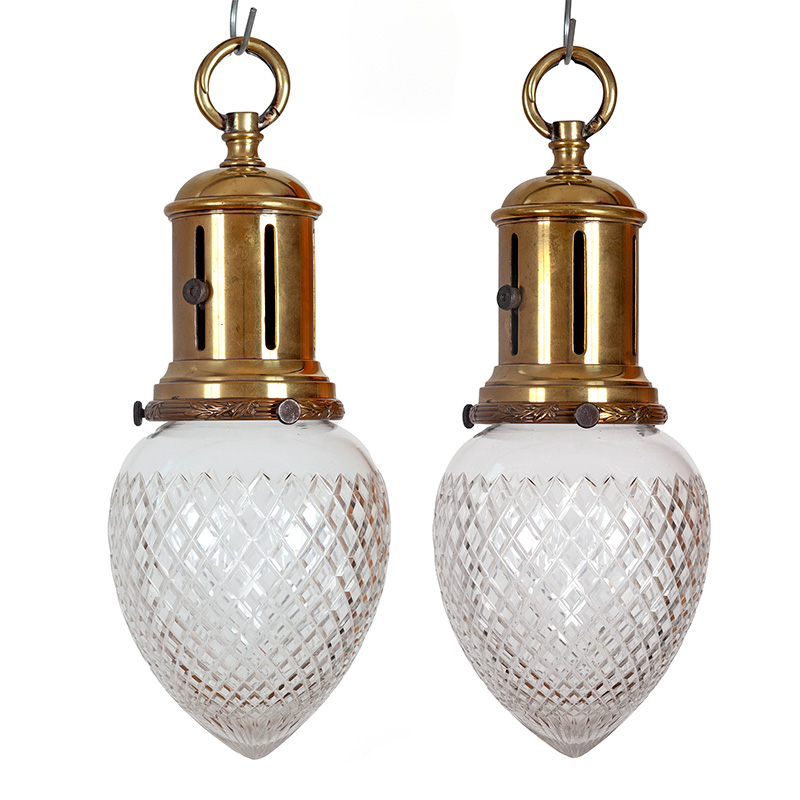 Pair of Cast Brass Edwardian Ceiling Pendants with Cut Glass Domes