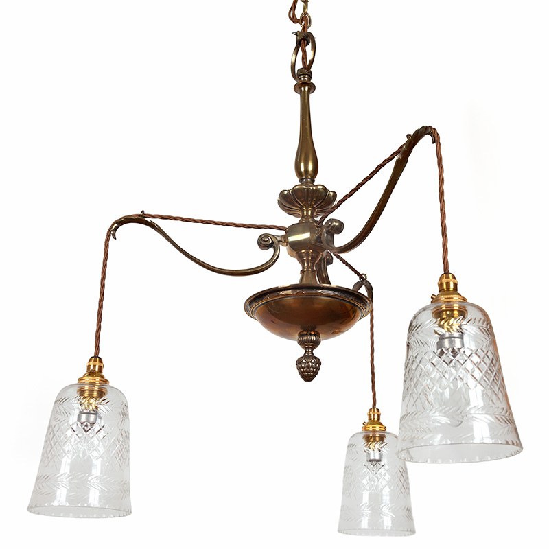 Decorative Edwardian Cast Brass Three Light Ceiling Pendant Light with Clear Cut Glass Shades