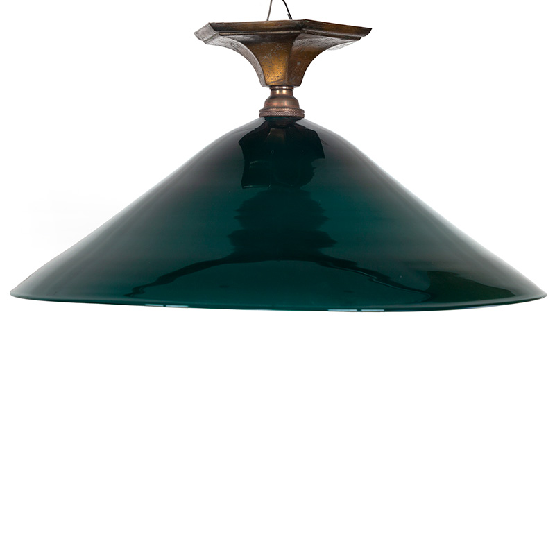 Art Deco Brass Ceiling Pendant Light with Green and Opal Lined Glass Shade (c.1920)