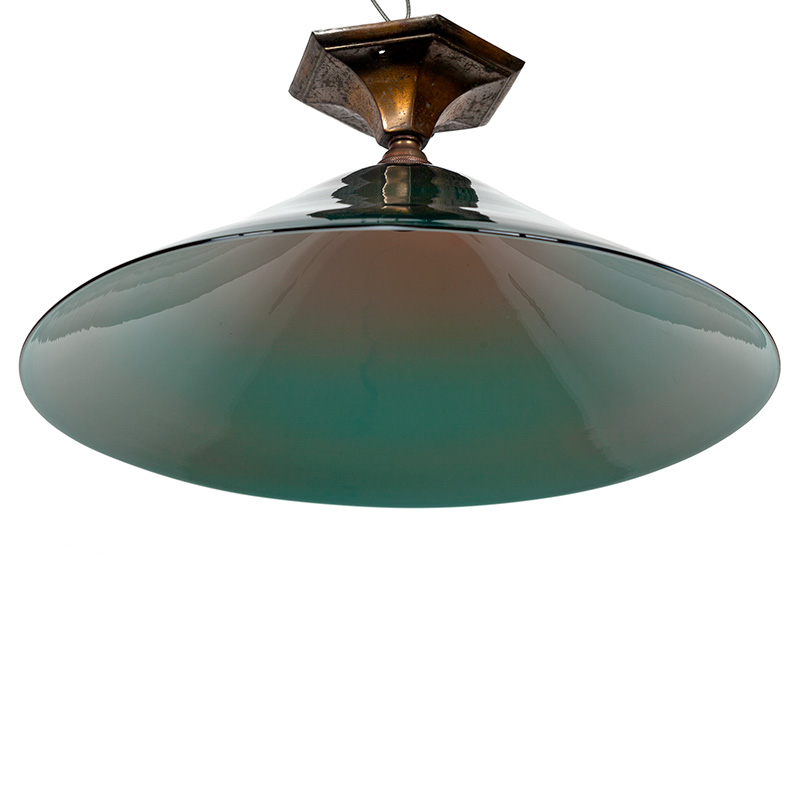 Art Deco Brass Ceiling Pendant Light with Green and Opal Lined Glass Shade