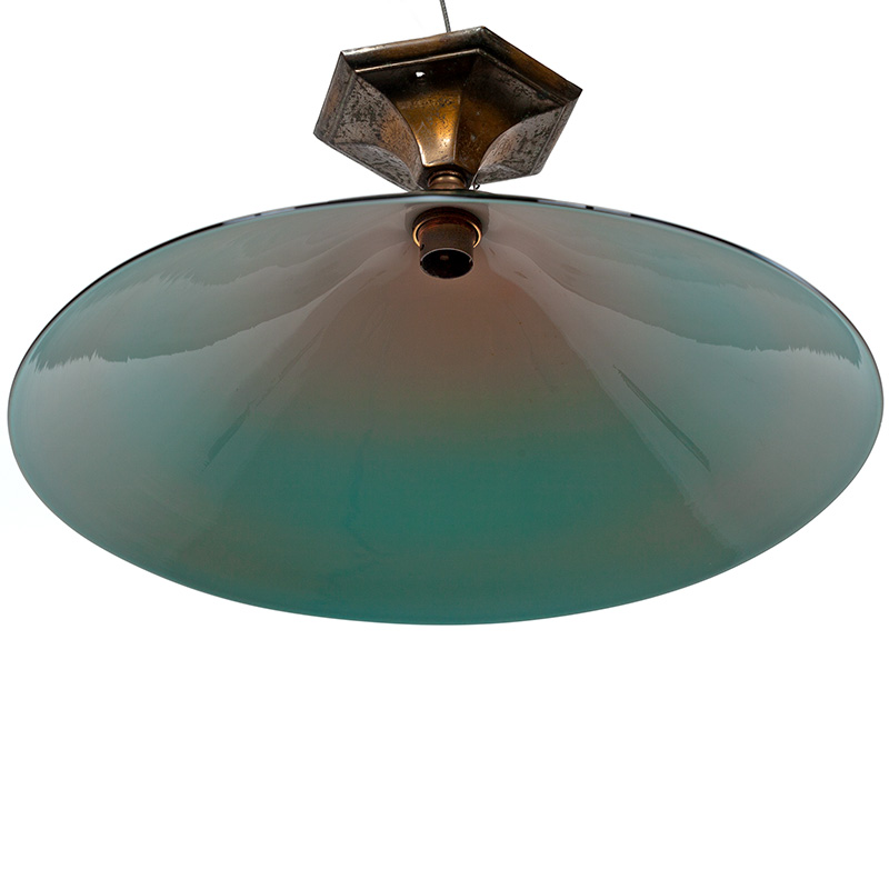 Art Deco Brass Ceiling Pendant Light with Green and Opal Lined Glass Shade