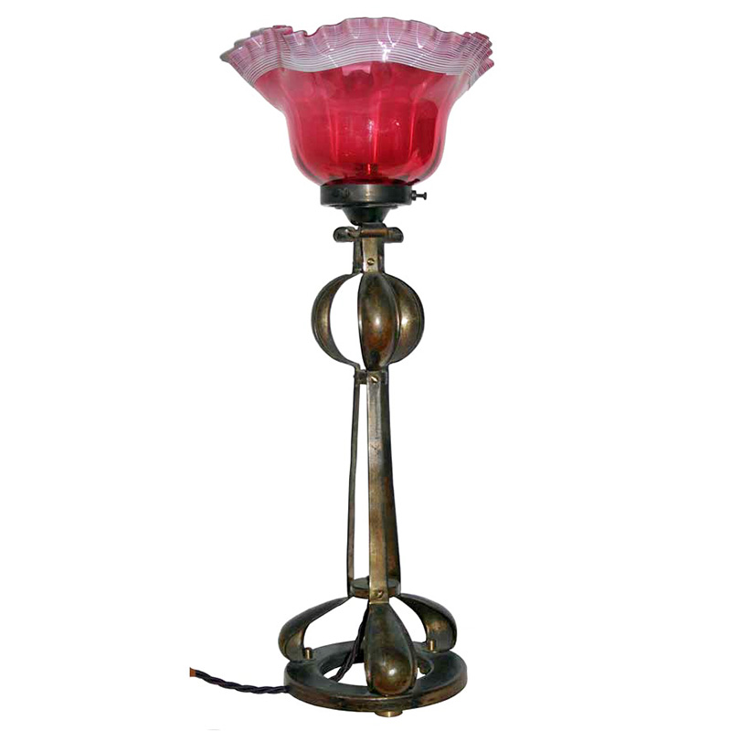 Art Nouveau Table Lamp with Fluted Cranberry Glass Shade