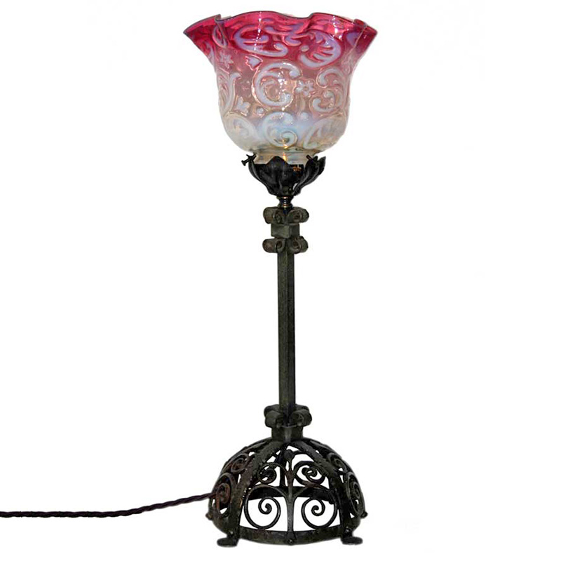 Victorian Wrought Iron Table Lamp with Fluted Red and Green Vaseline Glass Shade