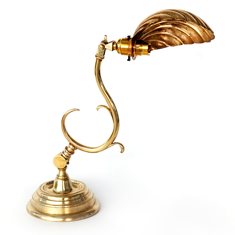 Art Deco Brass Desk Lamp with Brass Clam Shell Shade