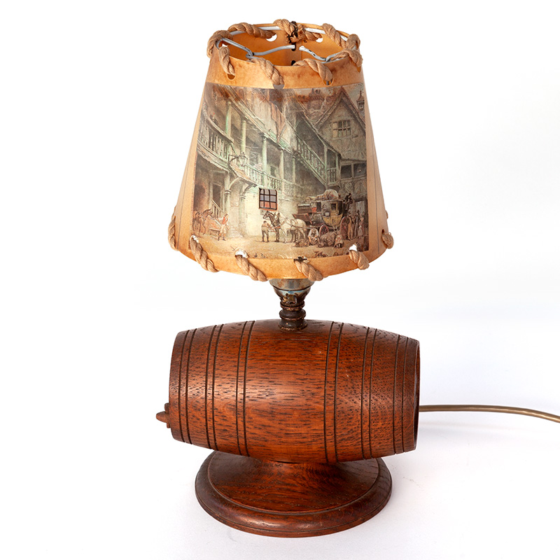 Art Deco Oak Beer Barrel Lamp with a Parchment Shade Decorated with a Horse and Carriage