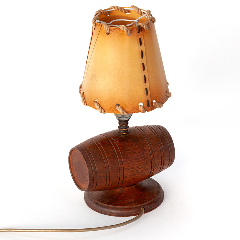 Art Deco Oak Beer Barrel Lamp with a Parchment Shade Decorated with a Horse and Carriage