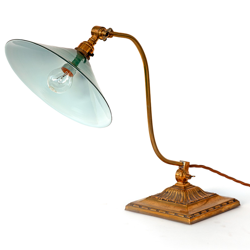 Traditional Edwardian Brass Desk Lamp with Green and Opal Lined Glass Shade