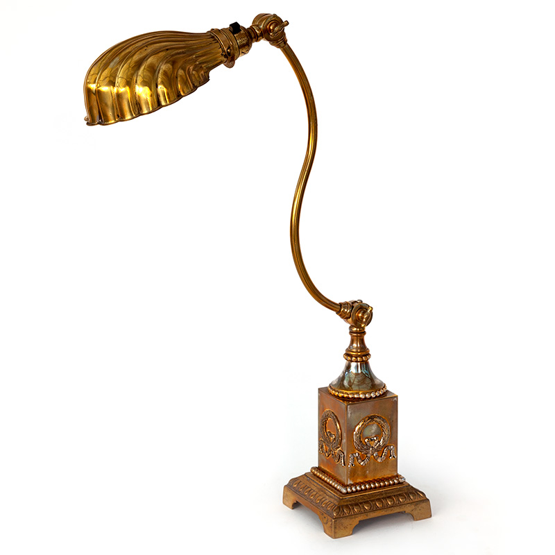 Edwardian Cast Brass Desk Lamp with Swanecked Arm Holding Brass Clam Shell Shade