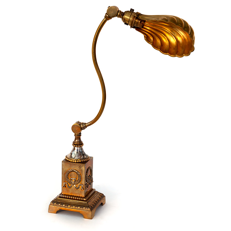 Edwardian Cast Brass Desk Lamp with Swanecked Arm Holding Brass Clam Shell Shade