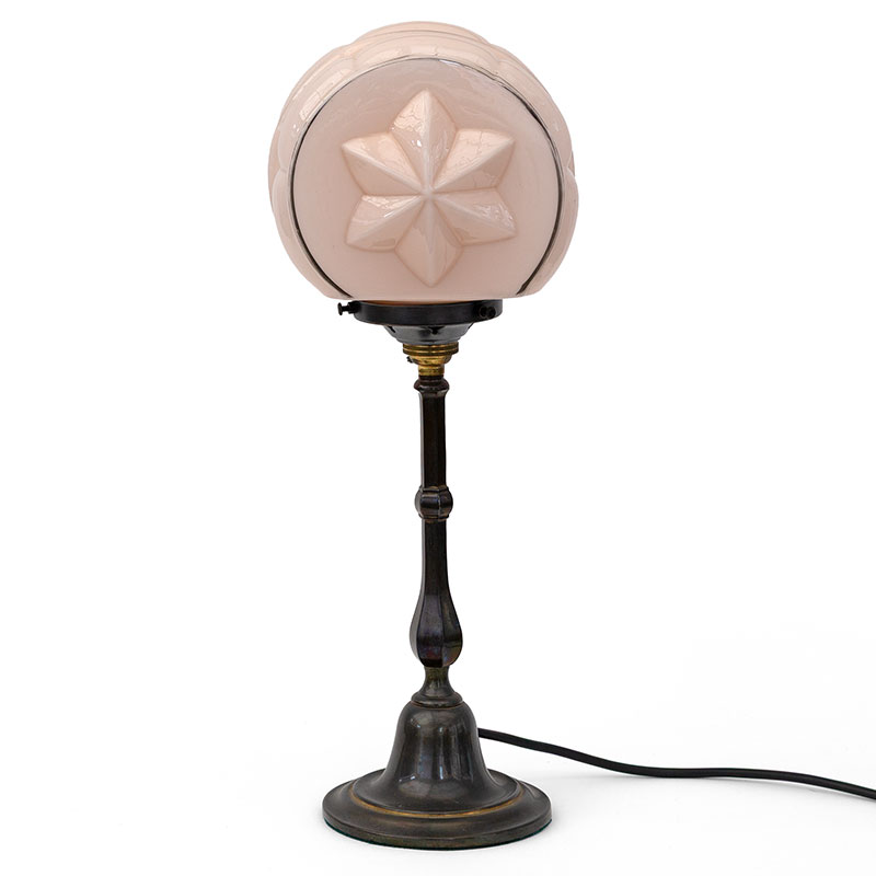 Art Deco Cast Brass Table Lamp with Pink Glass Dome Decorated with Double Sided Star Motifs