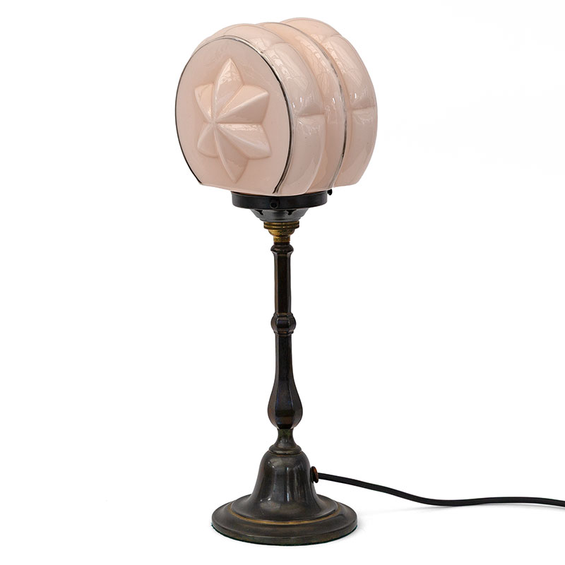 Art Deco Cast Brass Table Lamp with Pink Glass Dome Decorated with Double Sided Star Motifs