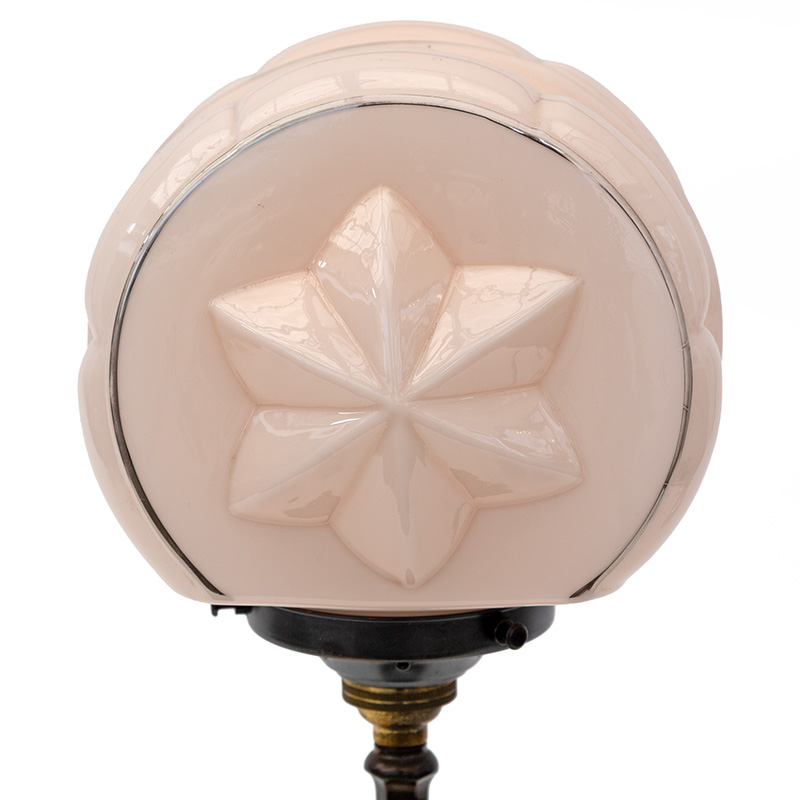 Art Deco Cast Brass Table Lamp with Pink Glass Dome Decorated with Double Sided Star Motifs