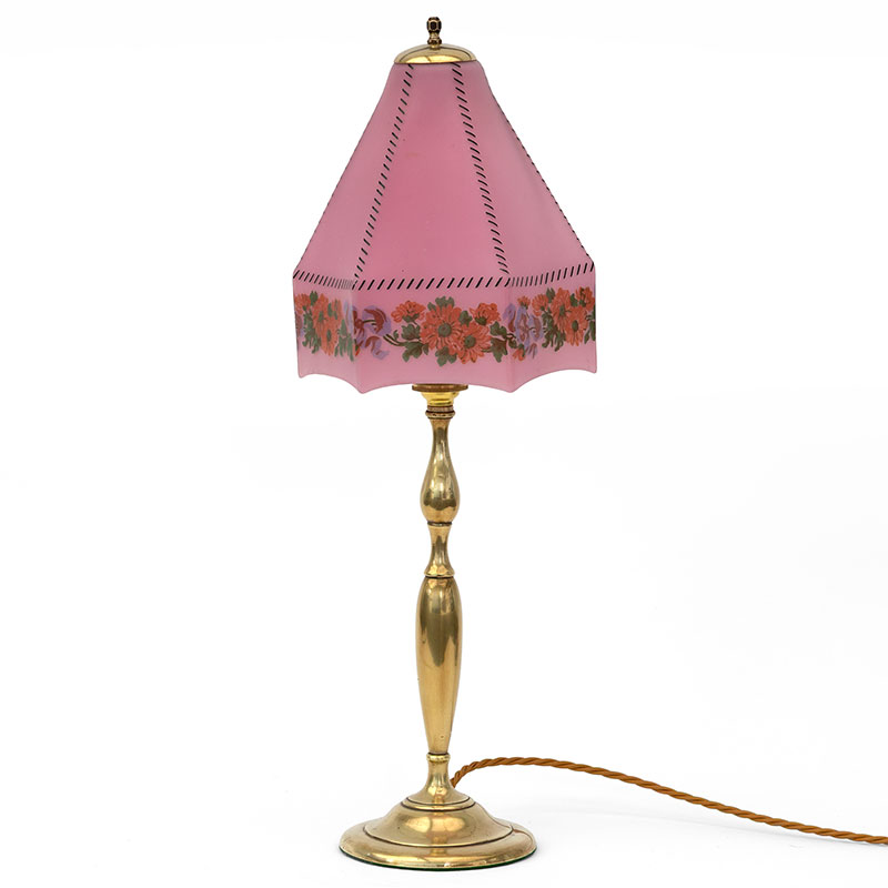 Art Deco Brass Table Lamp with Pink Hexagonal Glass Shade