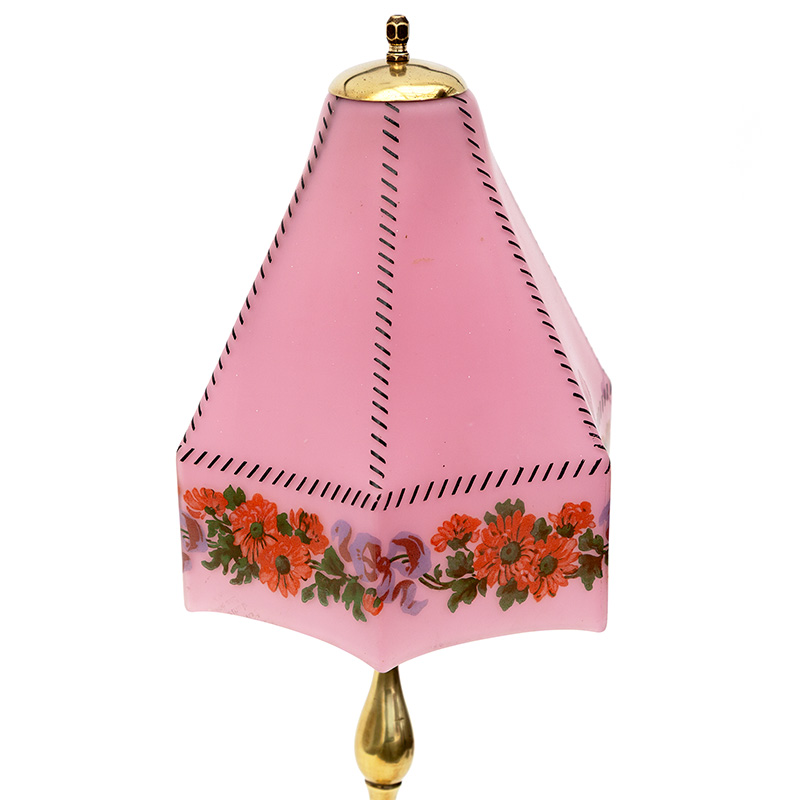 Art Deco Brass Table Lamp with Pink Hexagonal Glass Shade