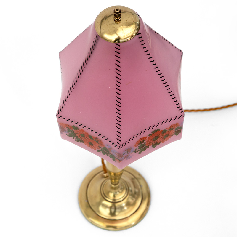 Art Deco Brass Table Lamp with Pink Hexagonal Glass Shade